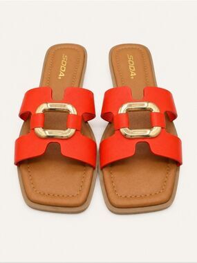 SODA FENG-S Orange Gold Buckle Square Toe Slide Sandals Size 7 NWT Resort Summer